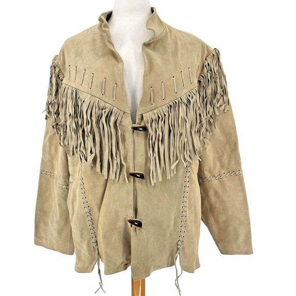 ClassyakWomen's Leather Suede Fringe Jacket - Tan- Size XXL
